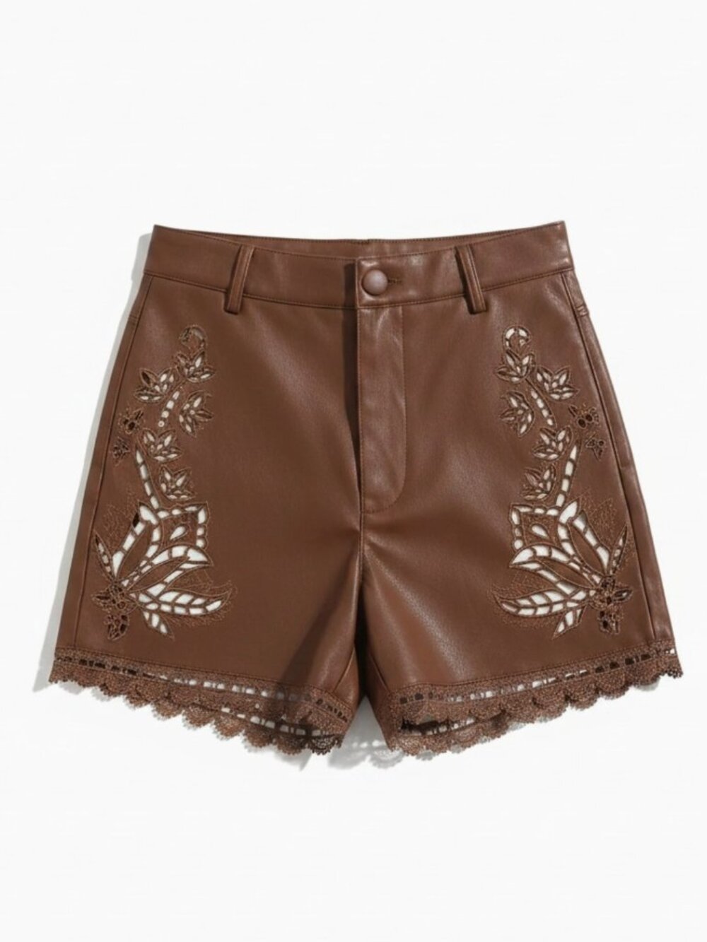 Embroidered Lace Hem Faux Leather Shorts